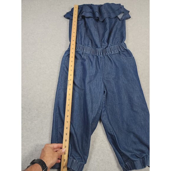 Gold Drama Girl's Sz M VTG Y2k Chambray Elastic Waist Strapless Jumpsuit - Picture 7 of 13